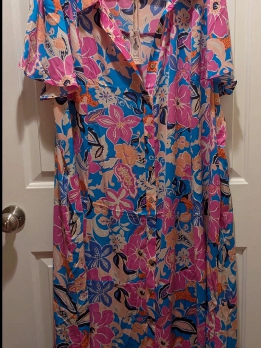 Easel Blue, Pink & Yellow Floral/Cheetah Button-Up Dress